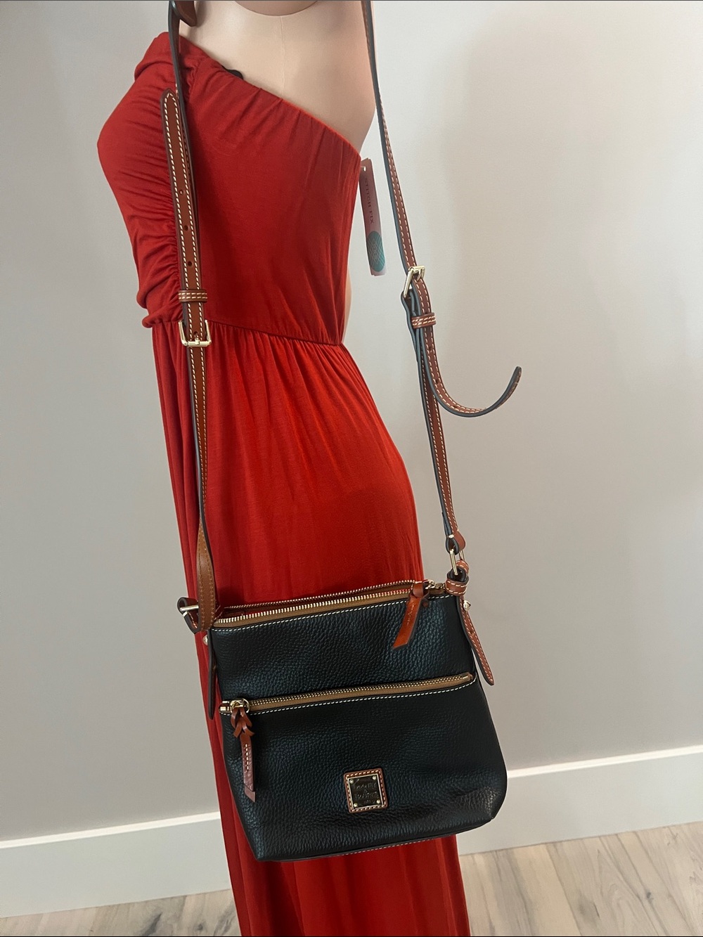 Dooney & Bourke Black Pebbled Leather Crossbody with Brown Trim